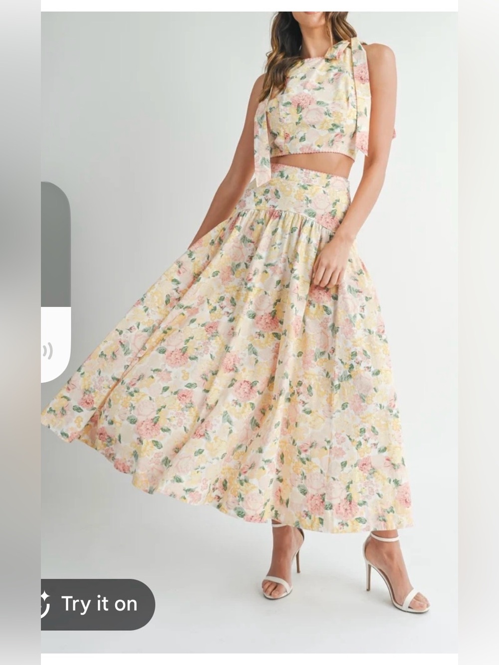Pastel Floral Lace Midi Skirt Set in Yellow and Pink